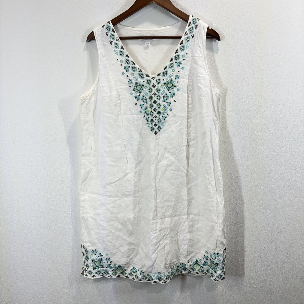 J. Jill Love Linen Embroidered Floral White Sheath Dress Women Size Large Petite